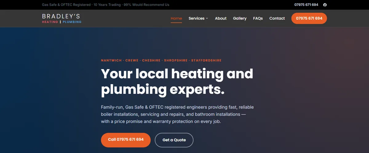 The homepage of the Bradleys Heating and Plumbing website, showing the headline Your local heating and plumbing experts and a call button