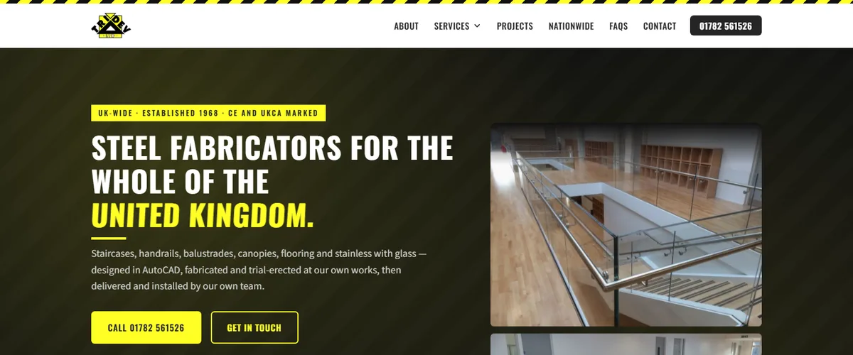 The homepage of the Tri-Dev website, showing the headline Steel fabricators for the whole of the United Kingdom beside a photo of a glass balustrade